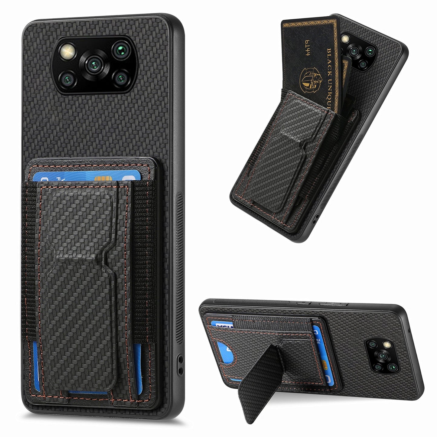 Xiaomi Poco X3 NFC Carbon Fiber Fold Stand Elastic Card Bag Phone Case with Multi-Functional Wallet