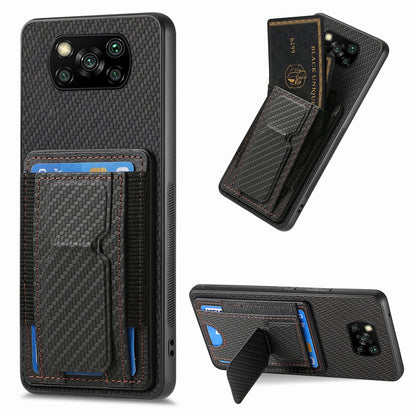 Xiaomi Poco X3 NFC Carbon Fiber Fold Stand Elastic Card Bag Phone Case with Multi-Functional Wallet