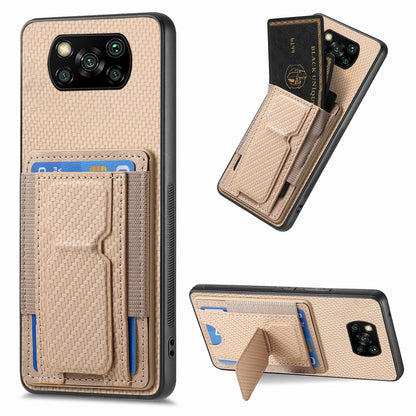 Xiaomi Poco X3 NFC Carbon Fiber Fold Stand Elastic Card Bag Phone Case with Multi-Functional Wallet