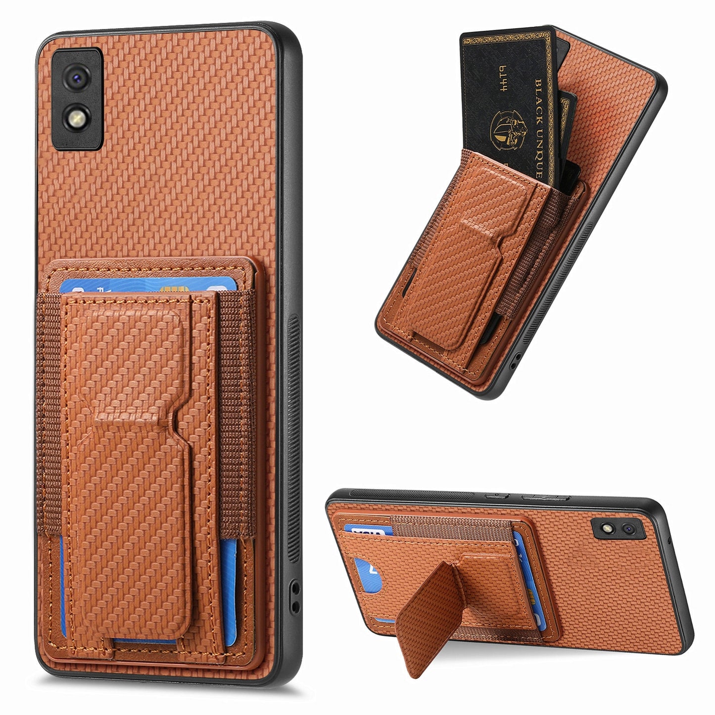 Xiaomi Redmi 9A Carbon Fiber Fold Stand Elastic Card Bag Phone Case with Multi-Functional Wallet