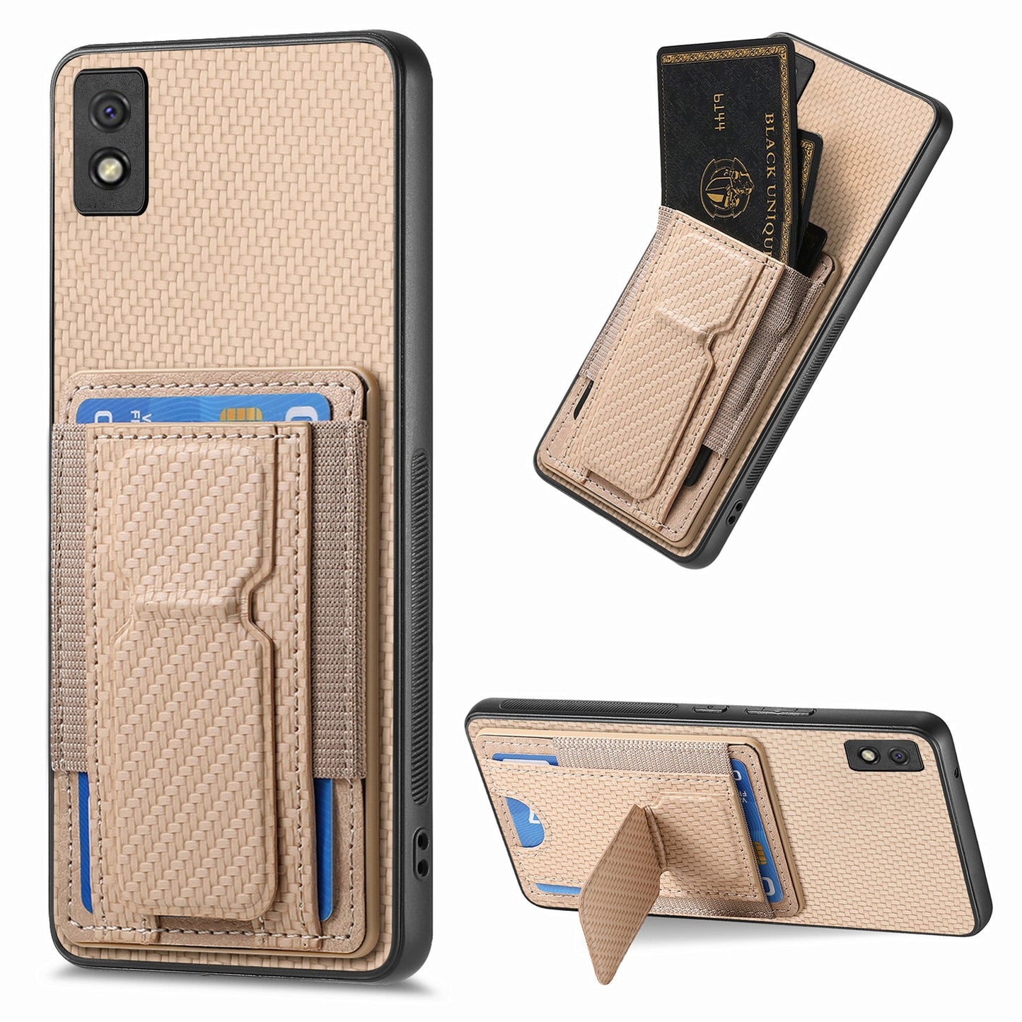 Xiaomi Redmi 9A Carbon Fiber Fold Stand Elastic Card Bag Phone Case with Multi-Functional Wallet