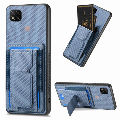 Xiaomi Redmi 9C Carbon Fiber Fold Stand Elastic Card Bag Phone Case with Multi-Functional Wallet