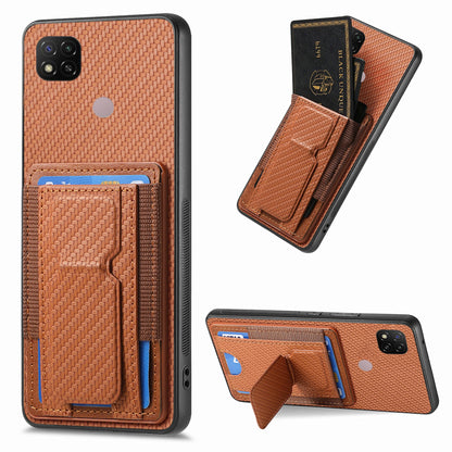 Xiaomi Redmi 9C Carbon Fiber Fold Stand Elastic Card Bag Phone Case with Multi-Functional Wallet