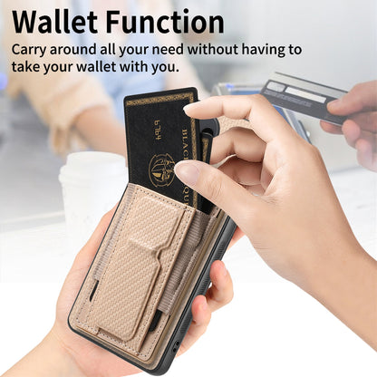 Xiaomi Redmi 9C Carbon Fiber Fold Stand Elastic Card Bag Phone Case with Multi-Functional Wallet