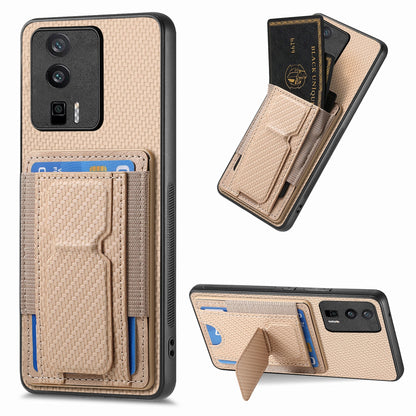 Xiaomi Redmi K60 / K60 Pro Carbon Fiber Fold Stand Elastic Card Bag Phone Case with Multi-Functional Wallet