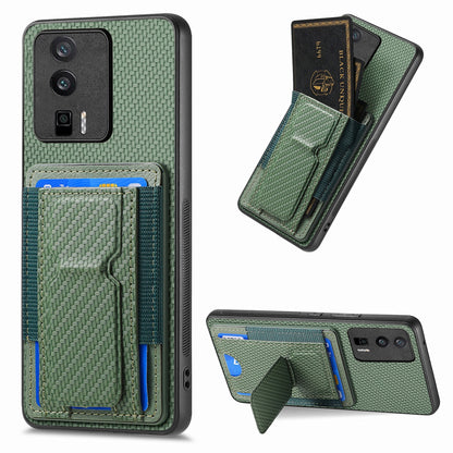 Xiaomi Redmi K60 / K60 Pro Carbon Fiber Fold Stand Elastic Card Bag Phone Case with Multi-Functional Wallet