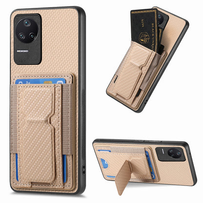 Xiaomi Redmi K50 / K50 Pro Carbon Fiber Fold Stand Elastic Card Bag Phone Case with Multi-Functional Wallet