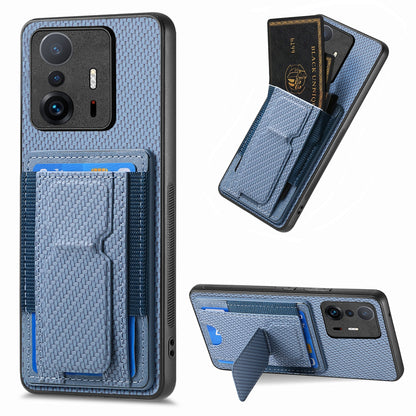 Xiaomi Mi 11T / 11T Pro Carbon Fiber Fold Stand Elastic Card Bag Phone Case with Multi-Functional Wallet