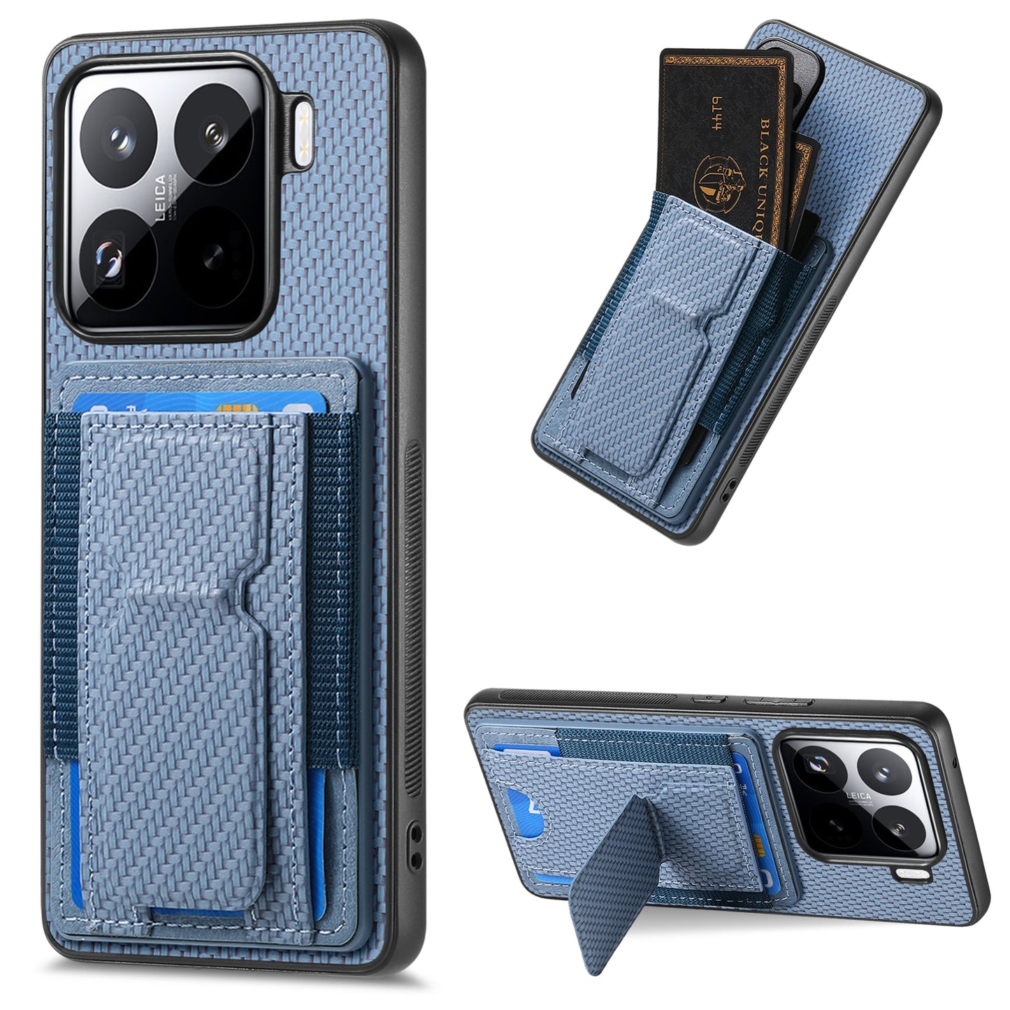 Xiaomi 15 Carbon Fiber Fold Stand Elastic Card Bag Phone Case with Multi-Functional Wallet