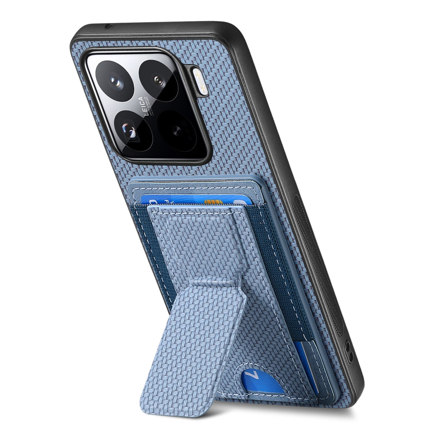 Xiaomi 15 Carbon Fiber Fold Stand Elastic Card Bag Phone Case with Multi-Functional Wallet