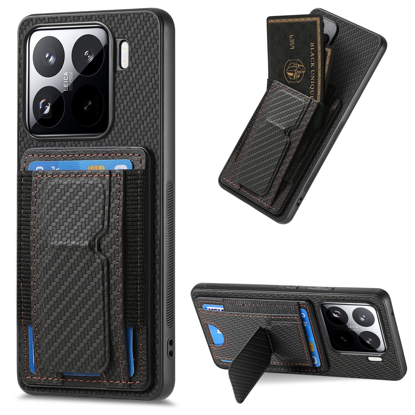 Xiaomi 15 Carbon Fiber Fold Stand Elastic Card Bag Phone Case with Multi-Functional Wallet