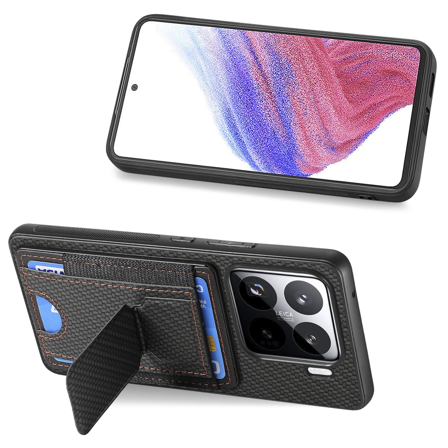 Xiaomi 15 Carbon Fiber Fold Stand Elastic Card Bag Phone Case with Multi-Functional Wallet