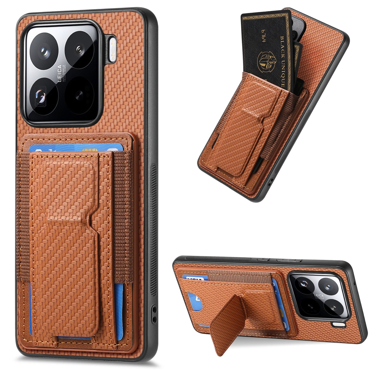 Xiaomi 15 Carbon Fiber Fold Stand Elastic Card Bag Phone Case with Multi-Functional Wallet