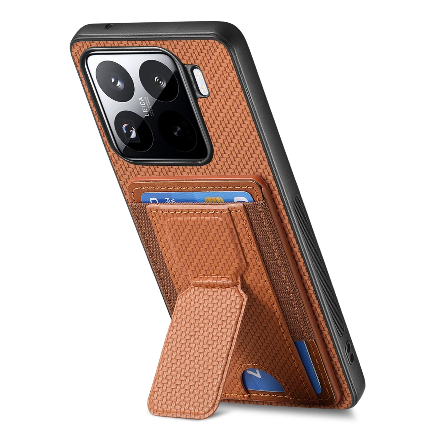 Xiaomi 15 Carbon Fiber Fold Stand Elastic Card Bag Phone Case with Multi-Functional Wallet