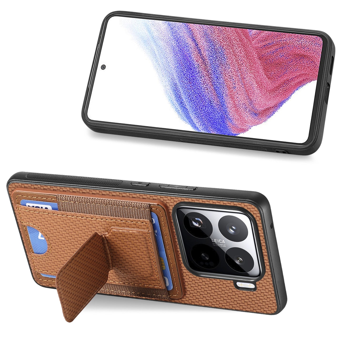 Xiaomi 15 Carbon Fiber Fold Stand Elastic Card Bag Phone Case with Multi-Functional Wallet