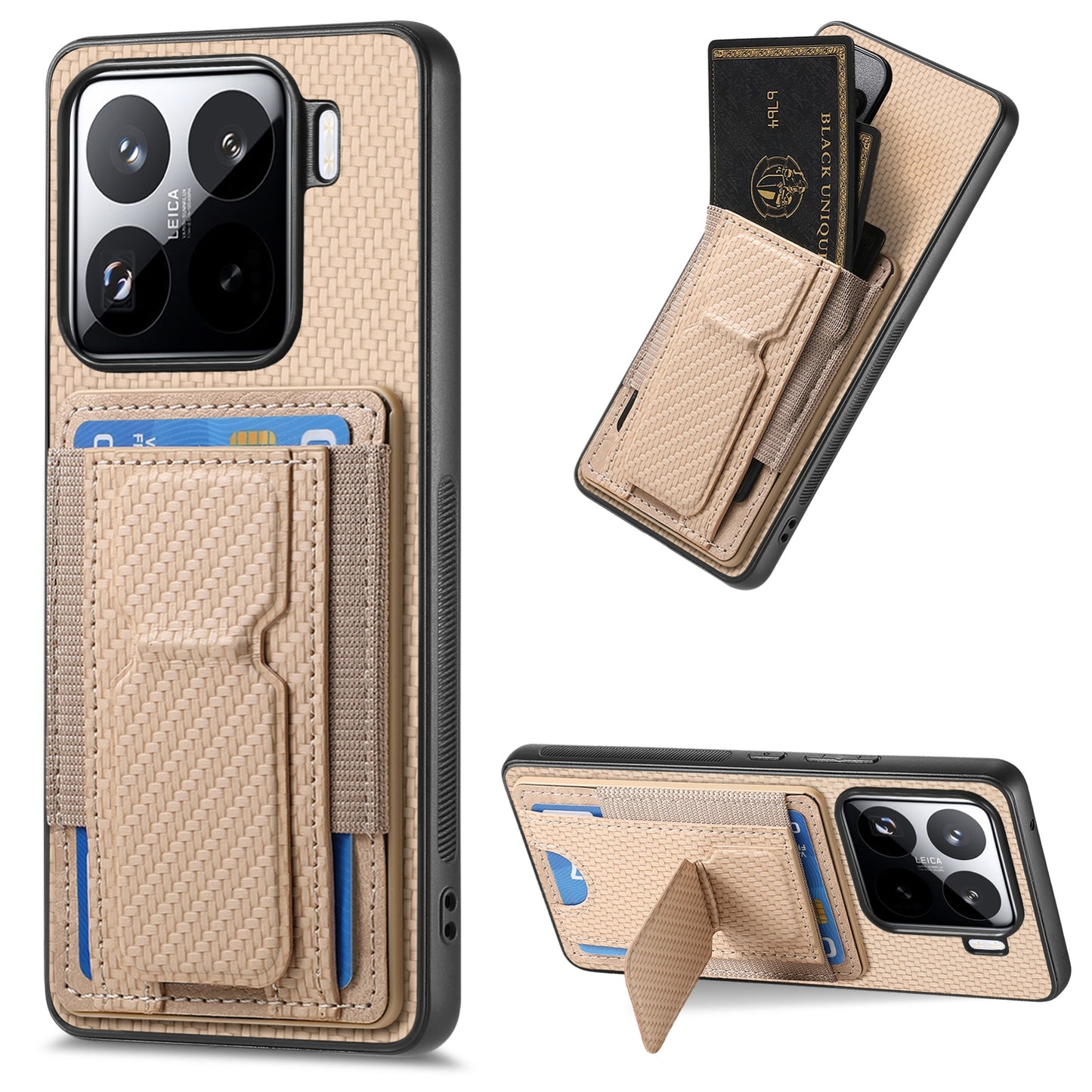 Xiaomi 15 Carbon Fiber Fold Stand Elastic Card Bag Phone Case with Multi-Functional Wallet