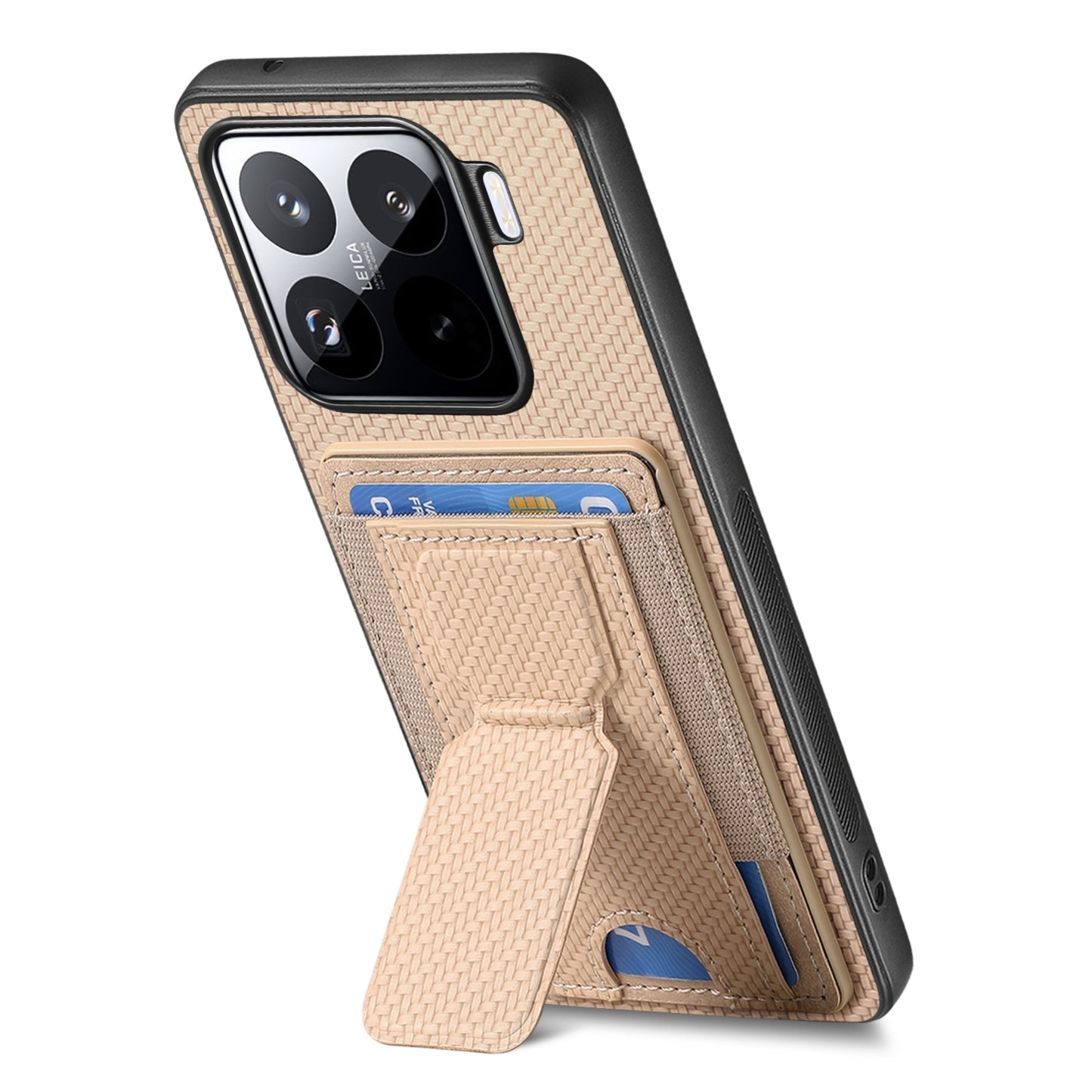 Xiaomi 15 Carbon Fiber Fold Stand Elastic Card Bag Phone Case with Multi-Functional Wallet