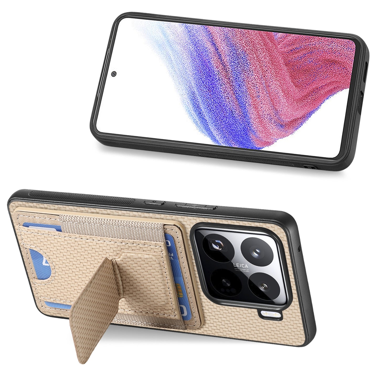 Xiaomi 15 Carbon Fiber Fold Stand Elastic Card Bag Phone Case with Multi-Functional Wallet