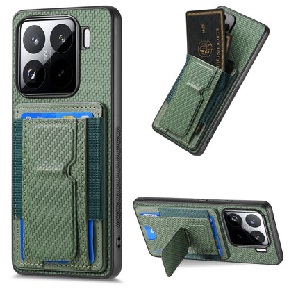 Xiaomi 15 Carbon Fiber Fold Stand Elastic Card Bag Phone Case with Multi-Functional Wallet