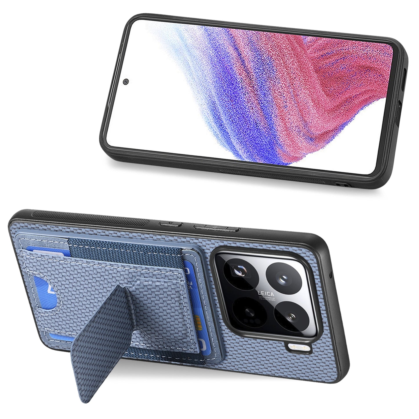 Xiaomi 15 Pro Carbon Fiber Fold Stand Elastic Card Bag Phone Case with Multi-Functional Wallet