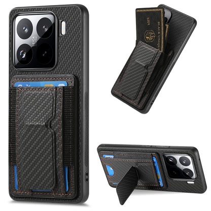 Xiaomi 15 Pro Carbon Fiber Fold Stand Elastic Card Bag Phone Case with Multi-Functional Wallet