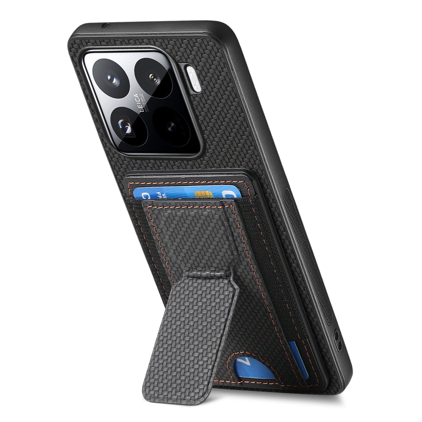 Xiaomi 15 Pro Carbon Fiber Fold Stand Elastic Card Bag Phone Case with Multi-Functional Wallet