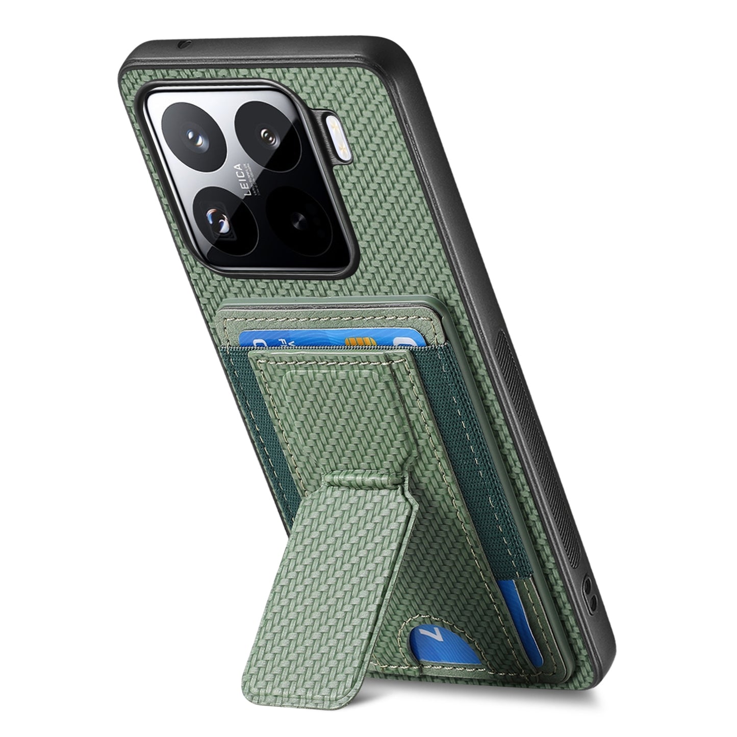 Xiaomi 15 Pro Carbon Fiber Fold Stand Elastic Card Bag Phone Case with Multi-Functional Wallet