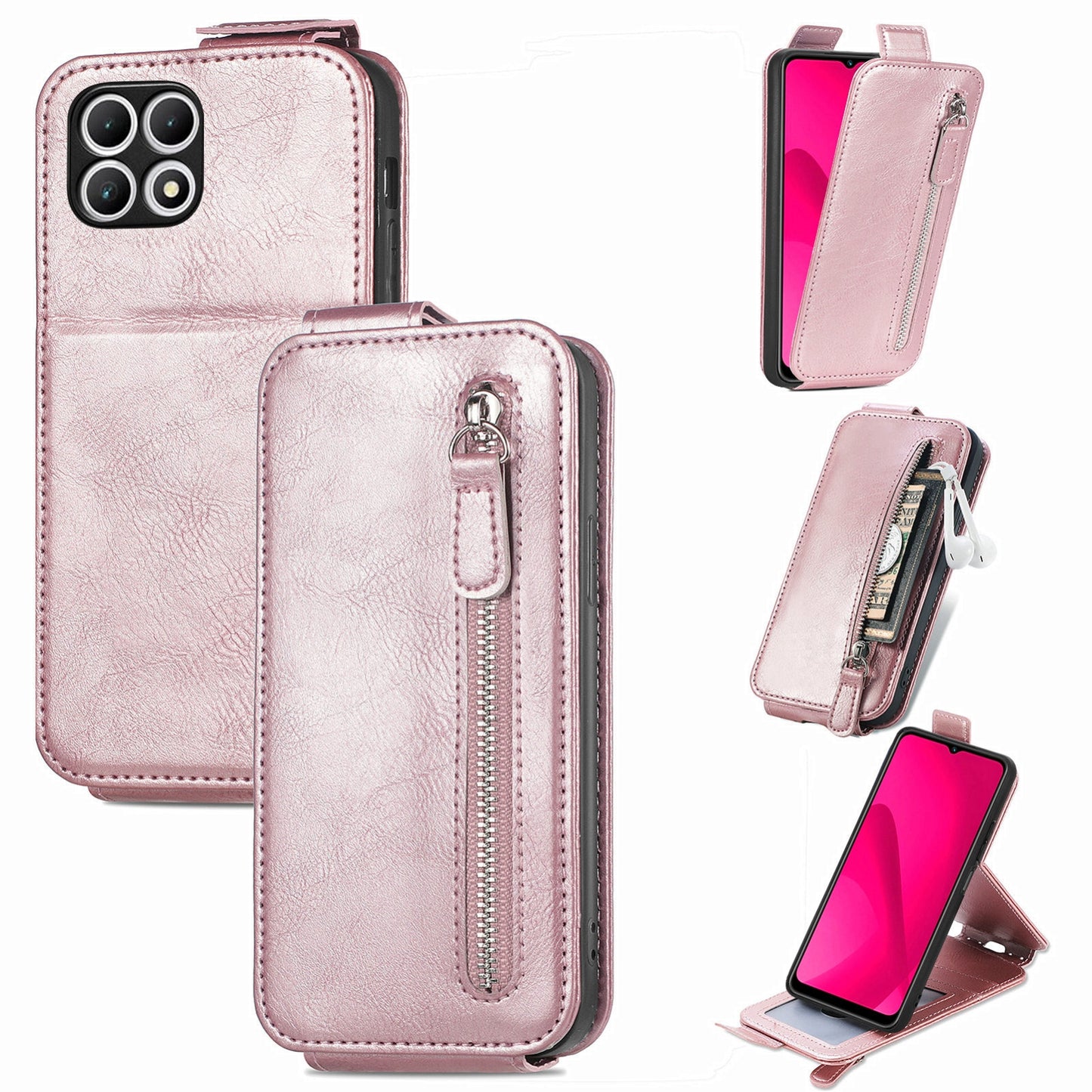 T-Mobile T Phone 2 5G Zipper Wallet Case - Vertical Flip Leather Phone Cover with Multiple Card Slots and Stand