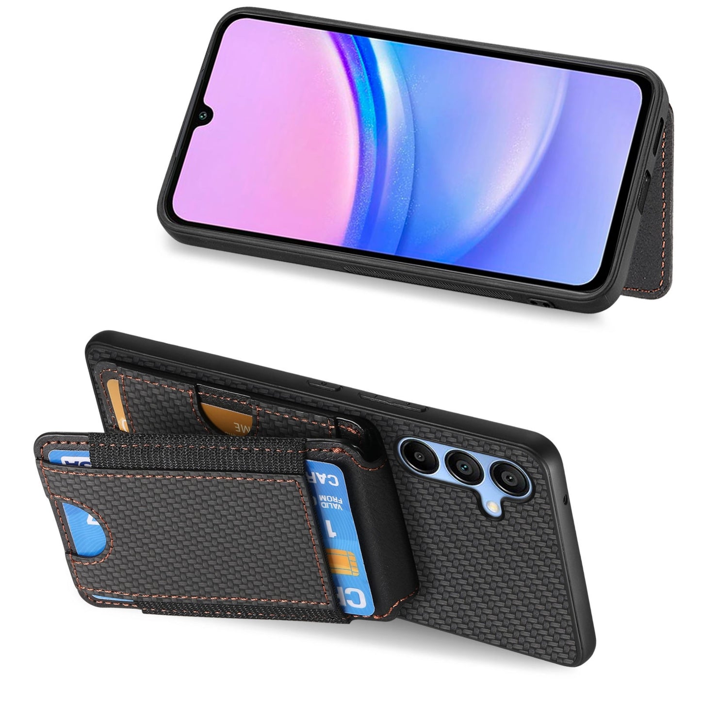 Samsung Galaxy A15 Vertical Flip Wallet Stand Phone Case with Carbon Fibre Pattern