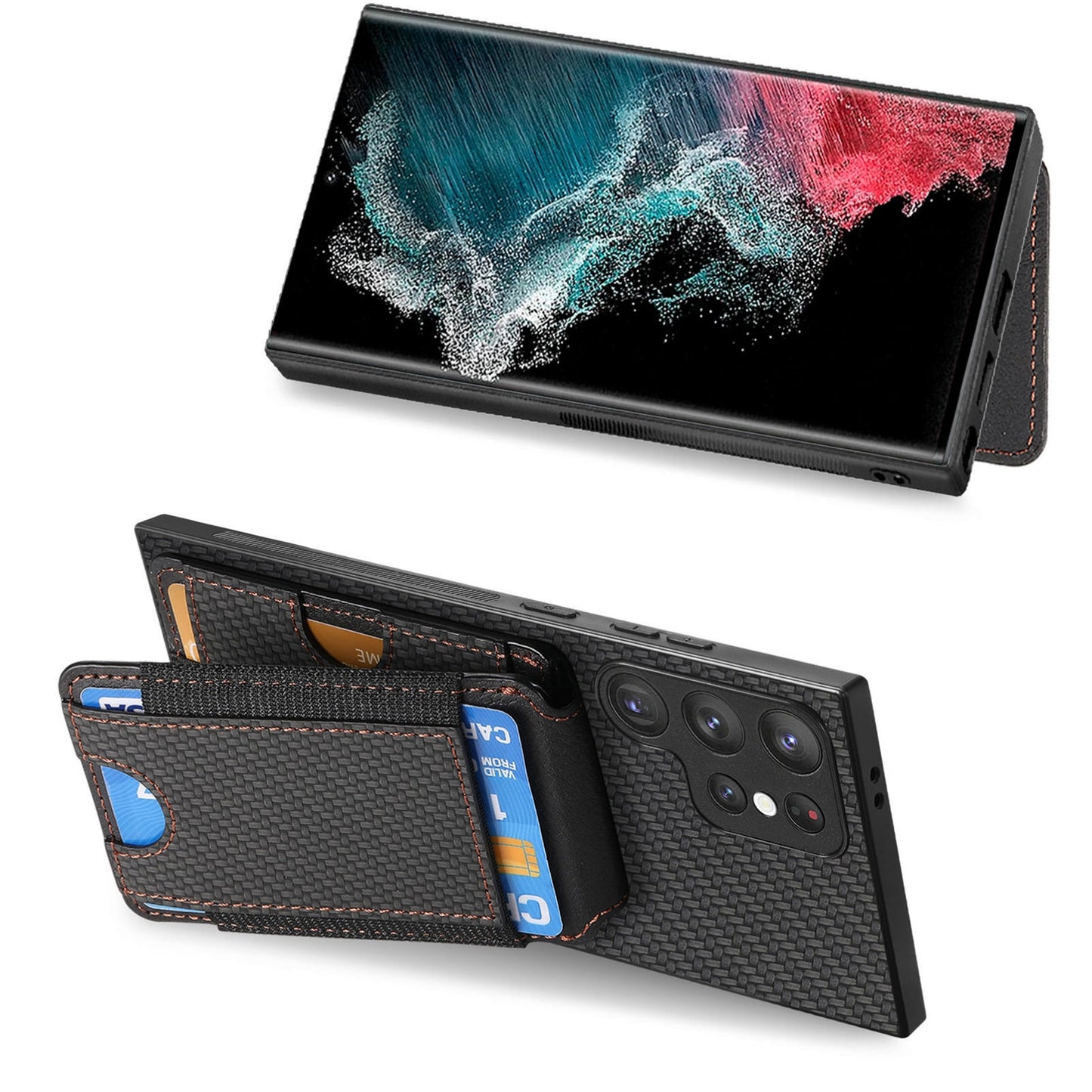 Samsung Galaxy S22 Ultra 5G Vertical Flip Wallet Stand Phone Case with Carbon Fibre Pattern