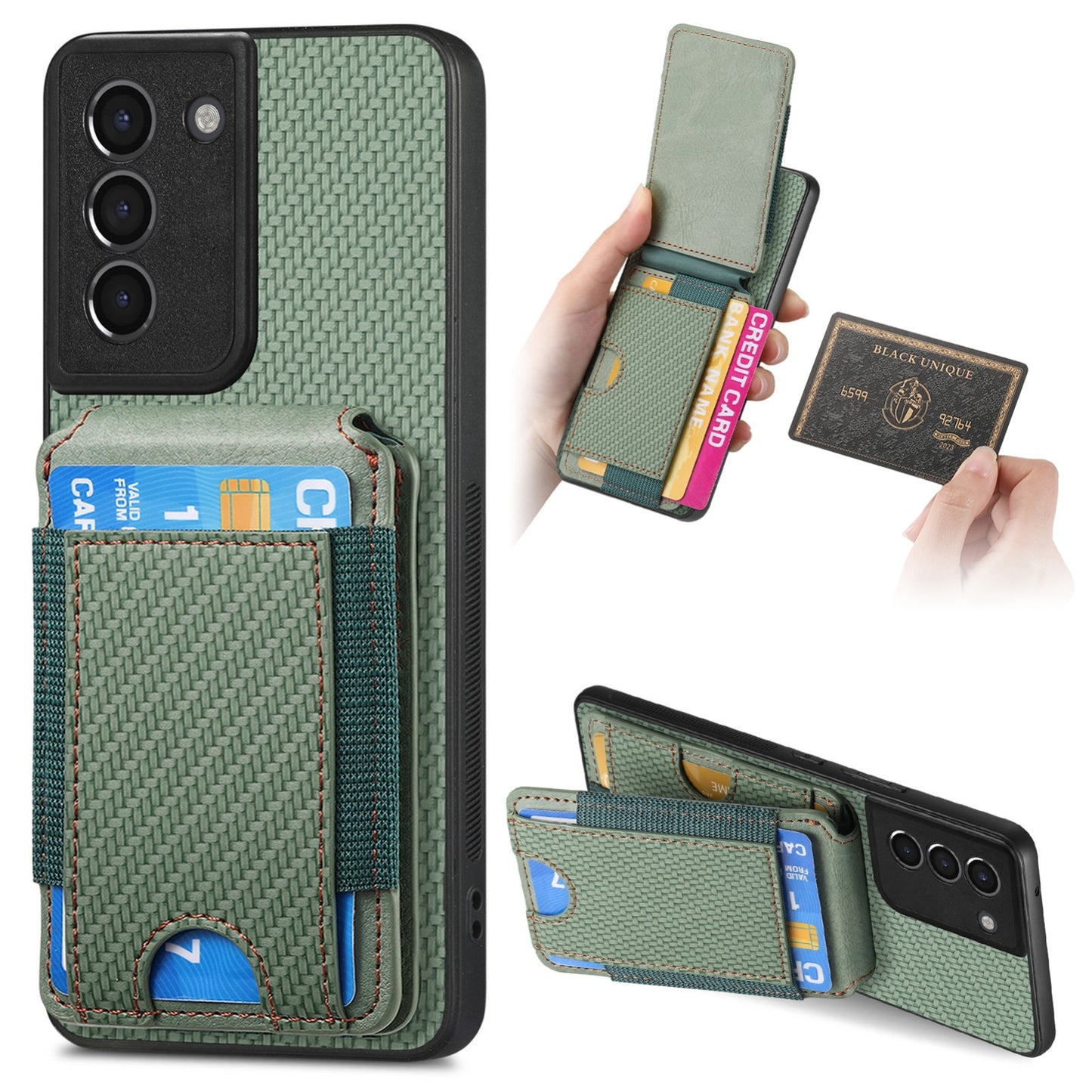 Samsung Galaxy S22+ 5G Vertical Flip Wallet Stand Phone Case with Carbon Fibre Pattern