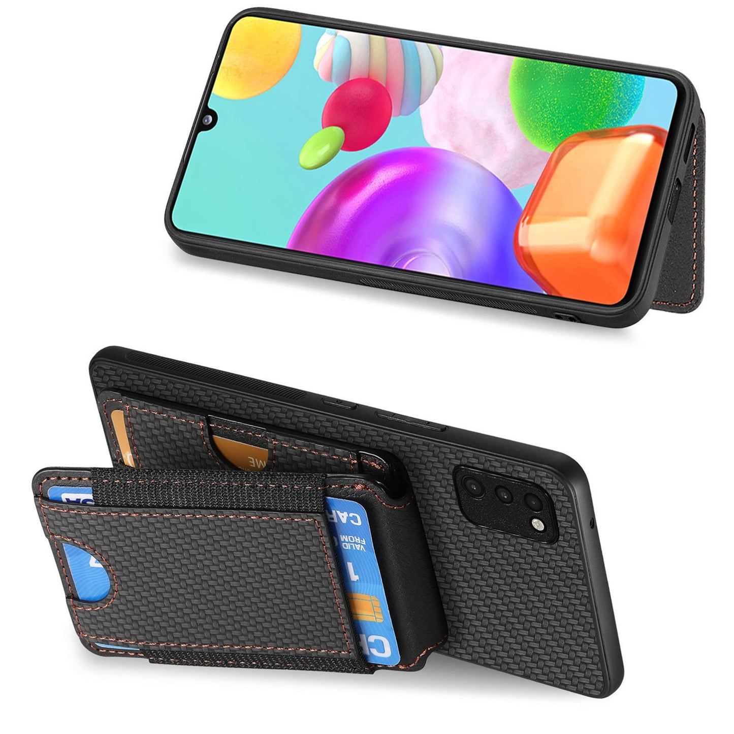 Samsung Galaxy A41 Vertical Flip Wallet Stand Phone Case with Carbon Fibre Pattern