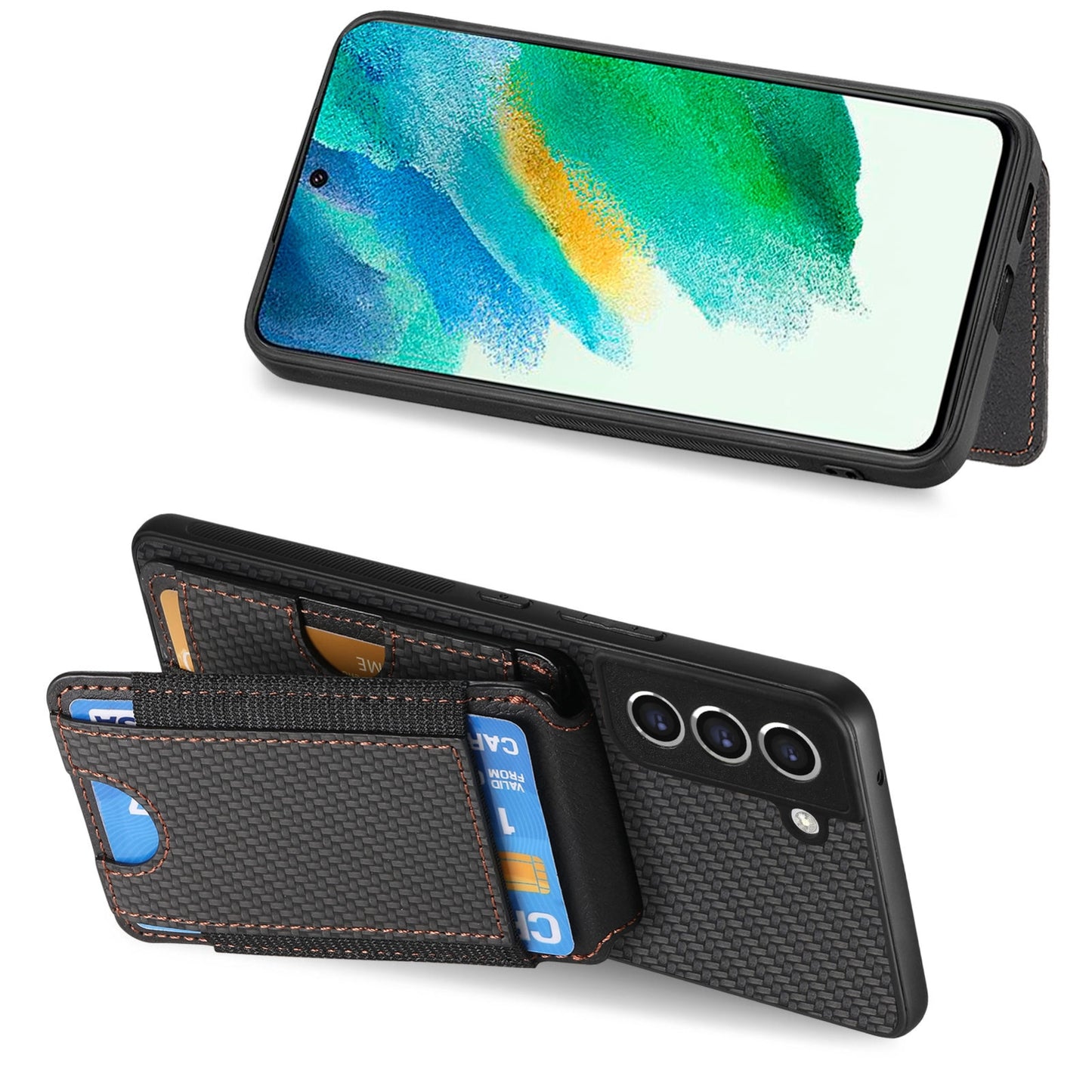 Samsung Galaxy S21 FE 5G Vertical Flip Wallet Stand Phone Case with Carbon Fibre Pattern