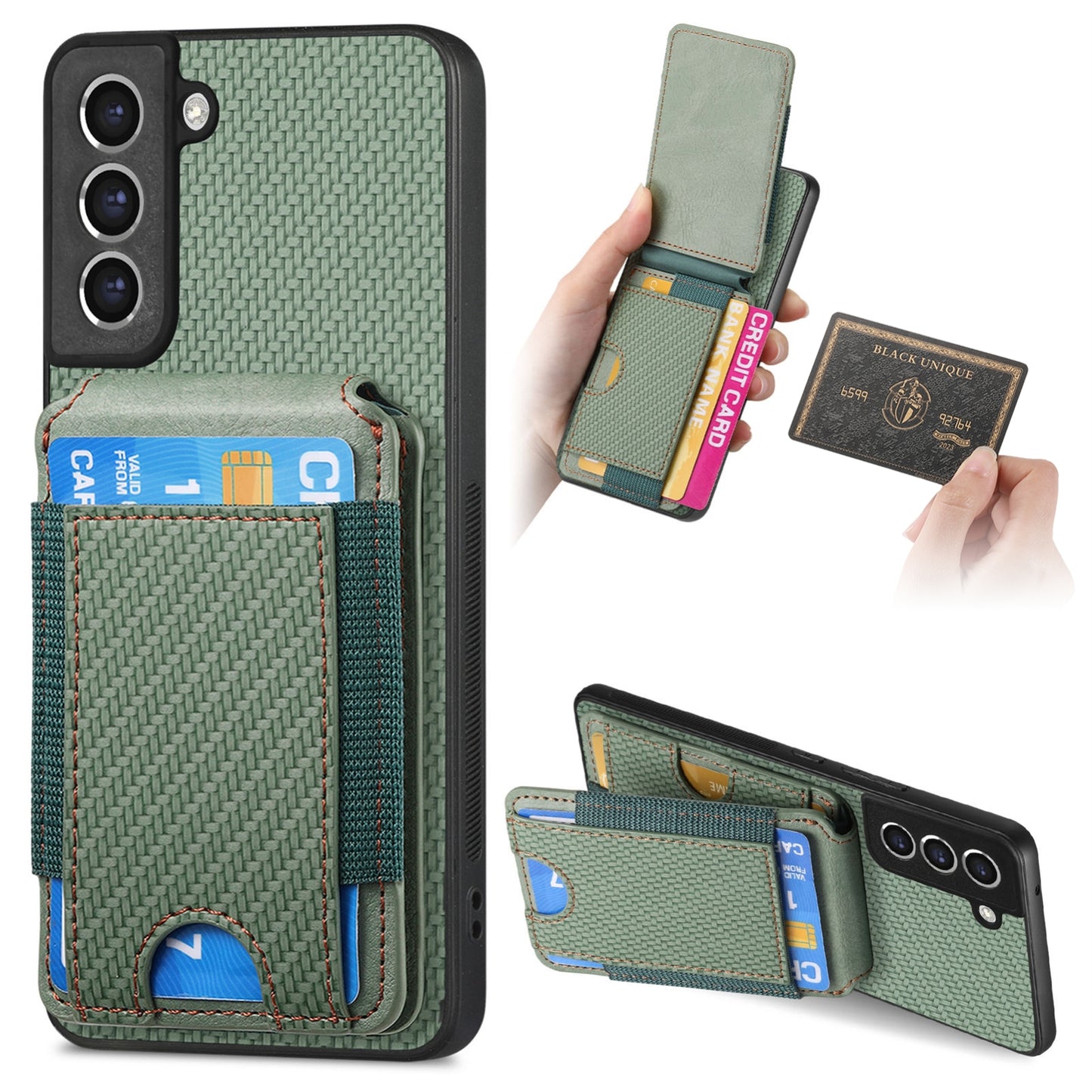 Samsung Galaxy S21 FE 5G Vertical Flip Wallet Stand Phone Case with Carbon Fibre Pattern