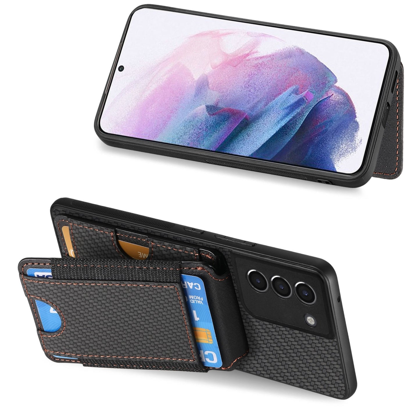 Samsung Galaxy S21+ 5G Vertical Flip Wallet Stand Phone Case with Carbon Fibre Pattern