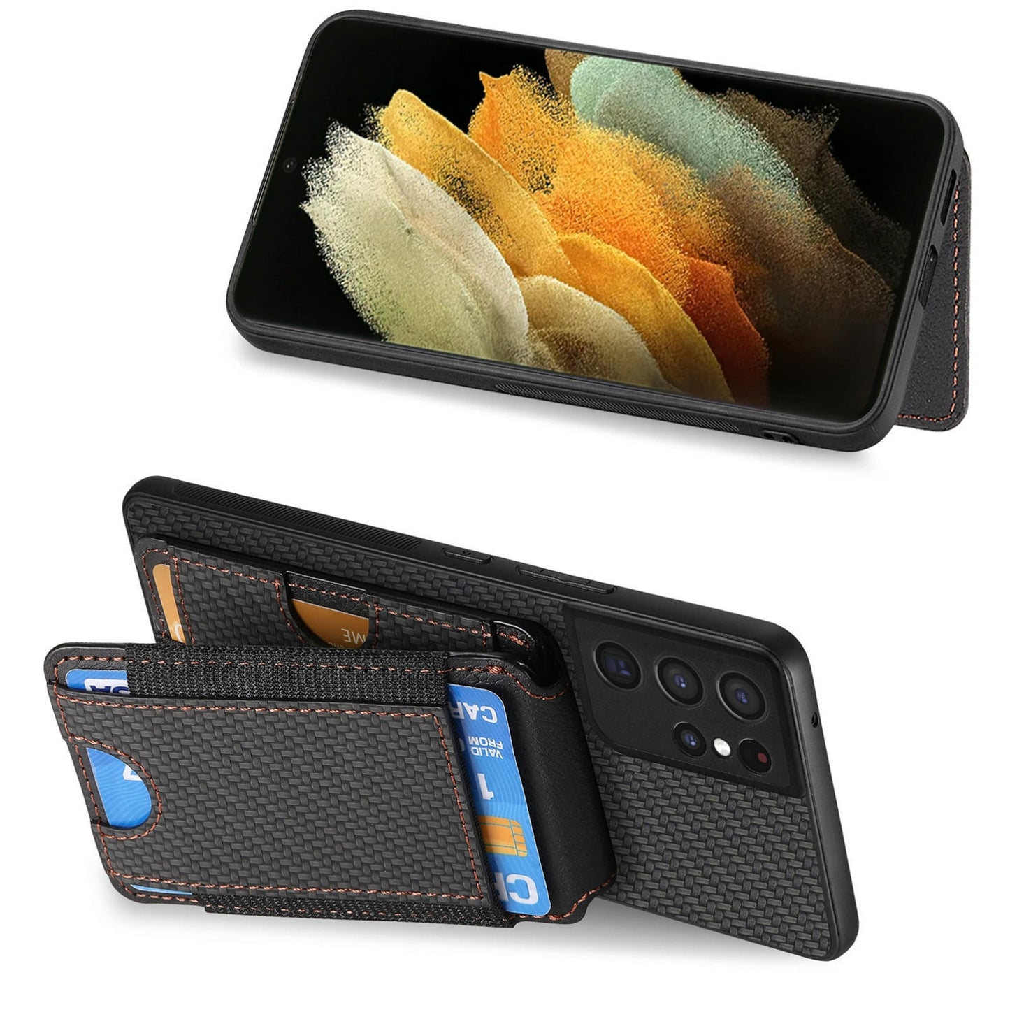 Samsung Galaxy S21 Ultra 5G Vertical Flip Wallet Stand Phone Case with Carbon Fibre Pattern