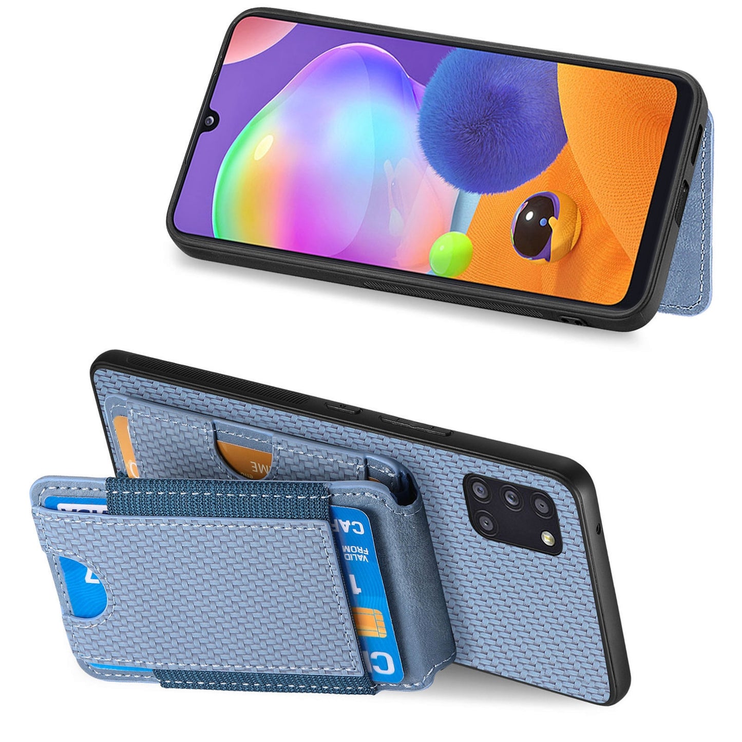 Samsung Galaxy A31 Vertical Flip Wallet Stand Phone Case with Carbon Fibre Pattern