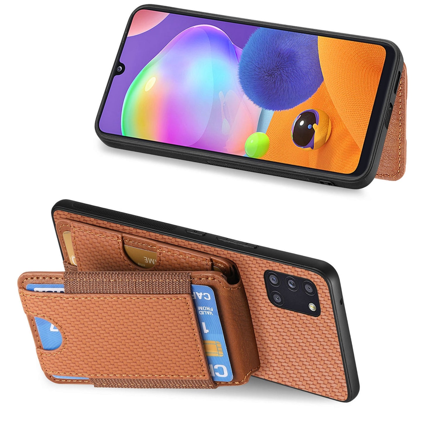 Samsung Galaxy A31 Vertical Flip Wallet Stand Phone Case with Carbon Fibre Pattern