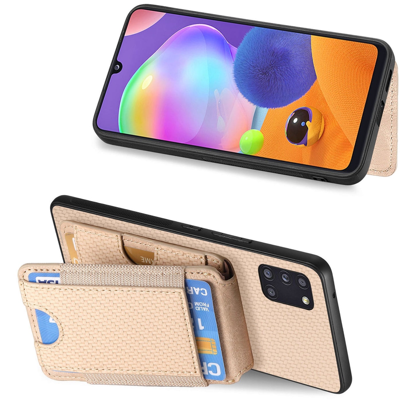 Samsung Galaxy A31 Vertical Flip Wallet Stand Phone Case with Carbon Fibre Pattern