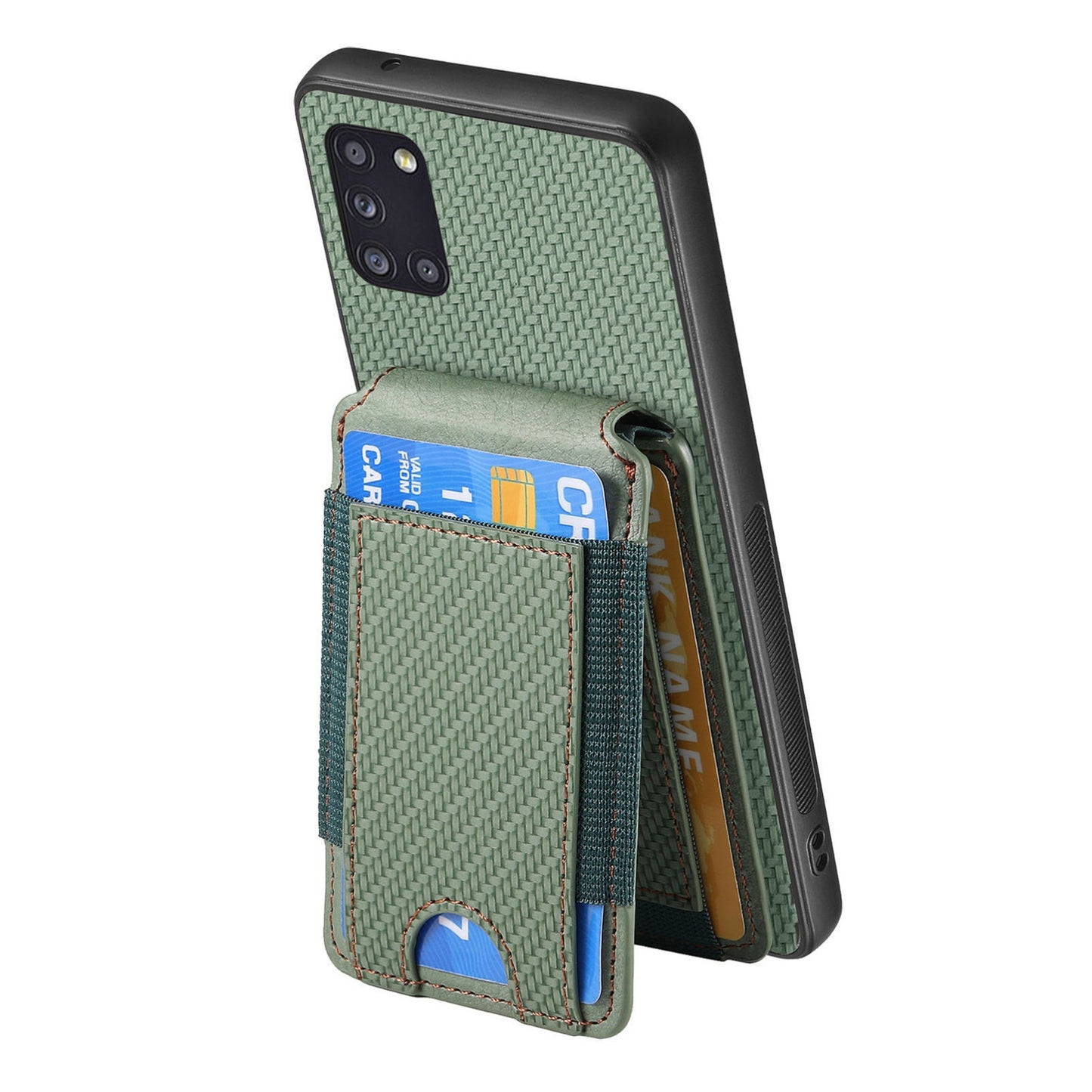 Samsung Galaxy A31 Vertical Flip Wallet Stand Phone Case with Carbon Fibre Pattern