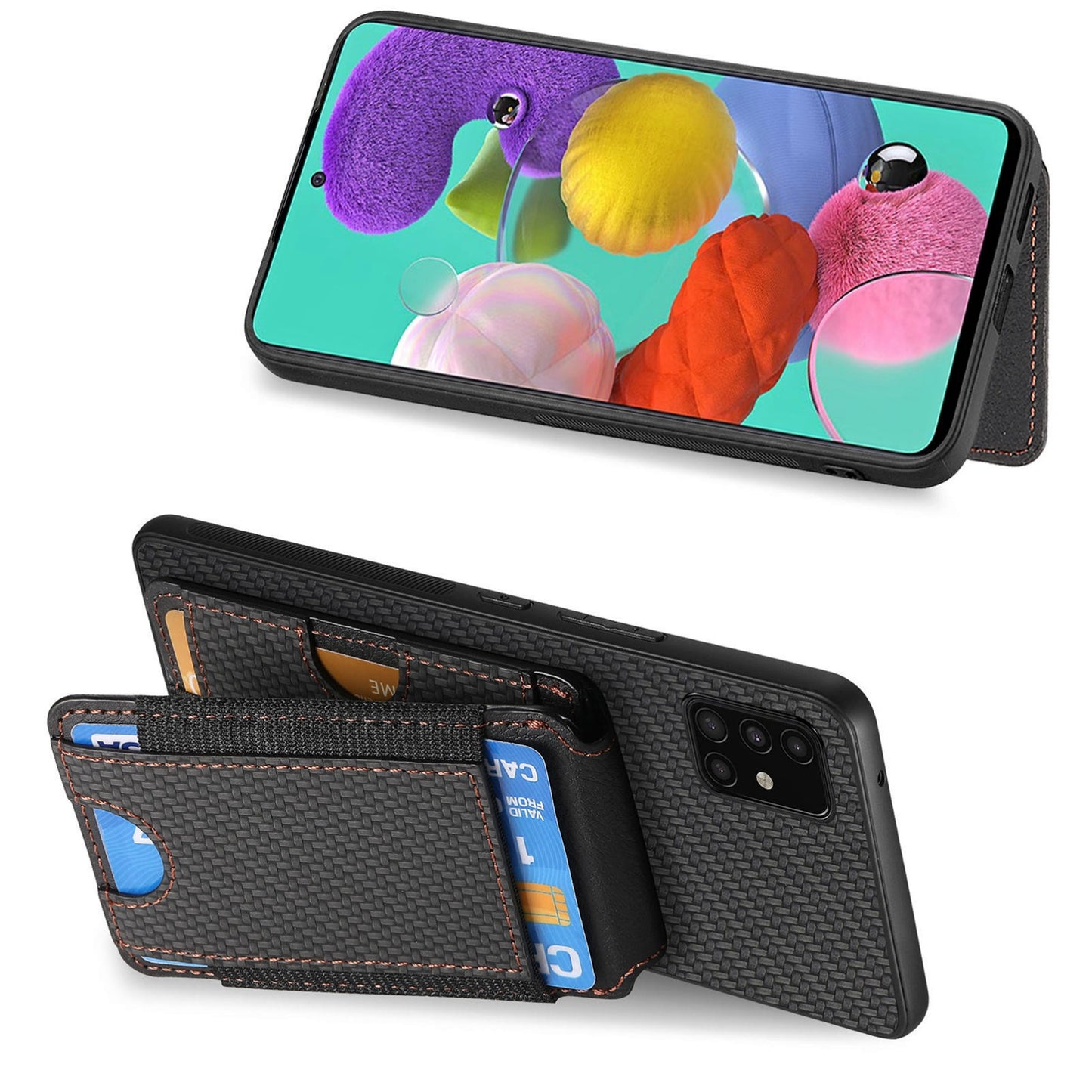 Samsung Galaxy A51 4G Vertical Flip Wallet Stand Phone Case with Carbon Fibre Pattern