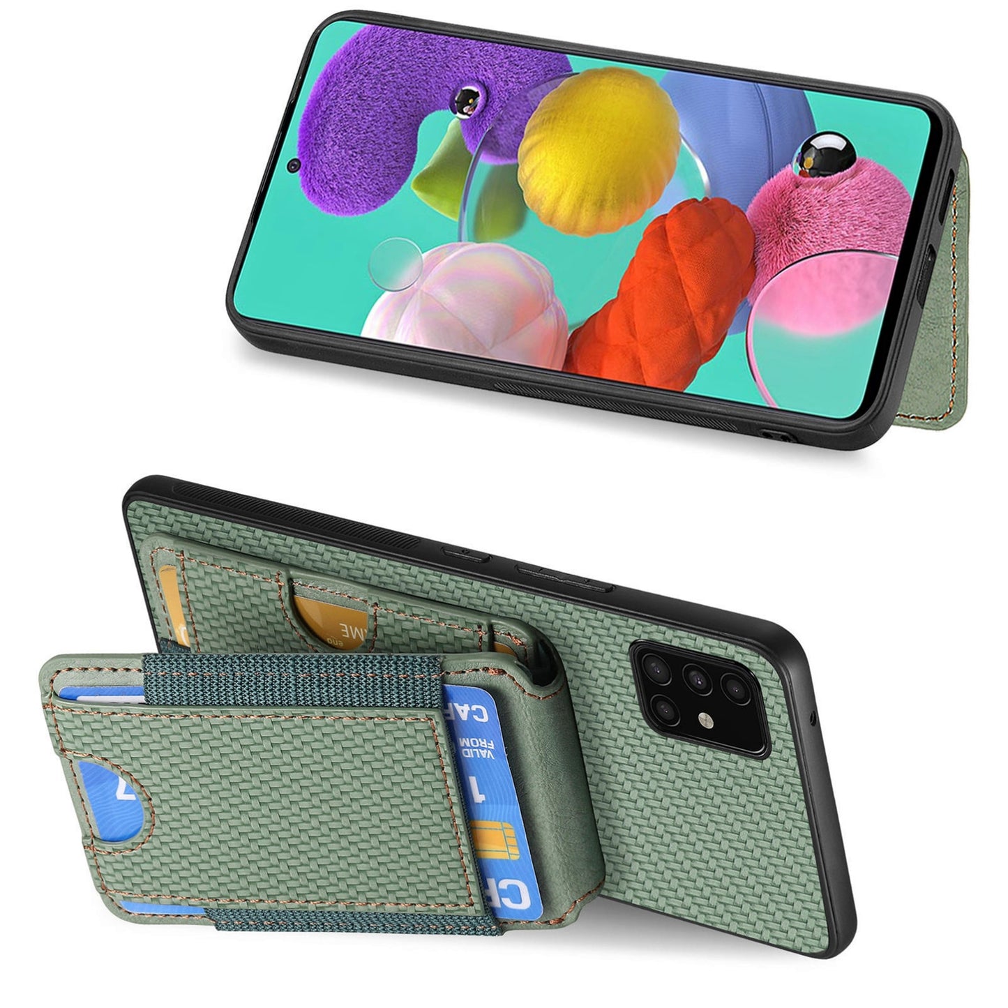Samsung Galaxy A51 4G Vertical Flip Wallet Stand Phone Case with Carbon Fibre Pattern