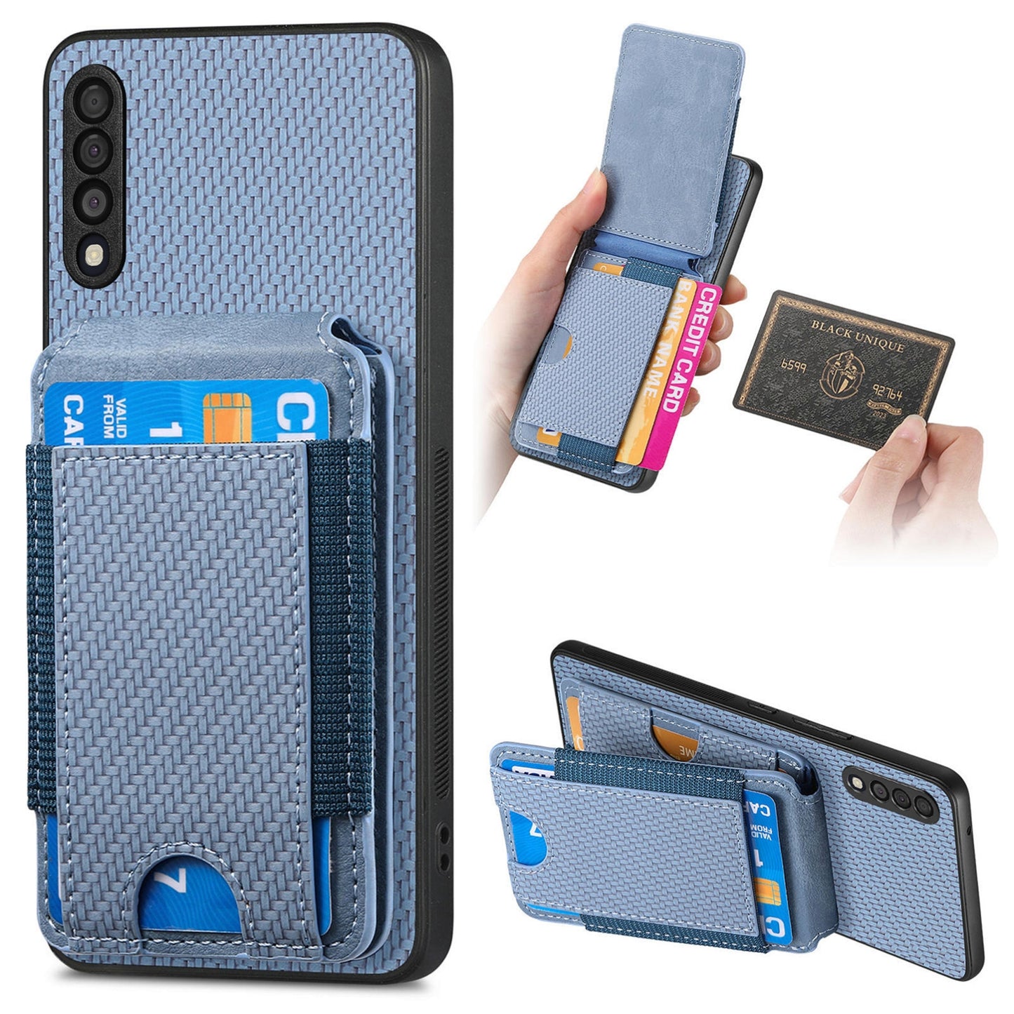 Samsung Galaxy A10 Vertical Flip Wallet Stand Phone Case with Carbon Fibre Pattern