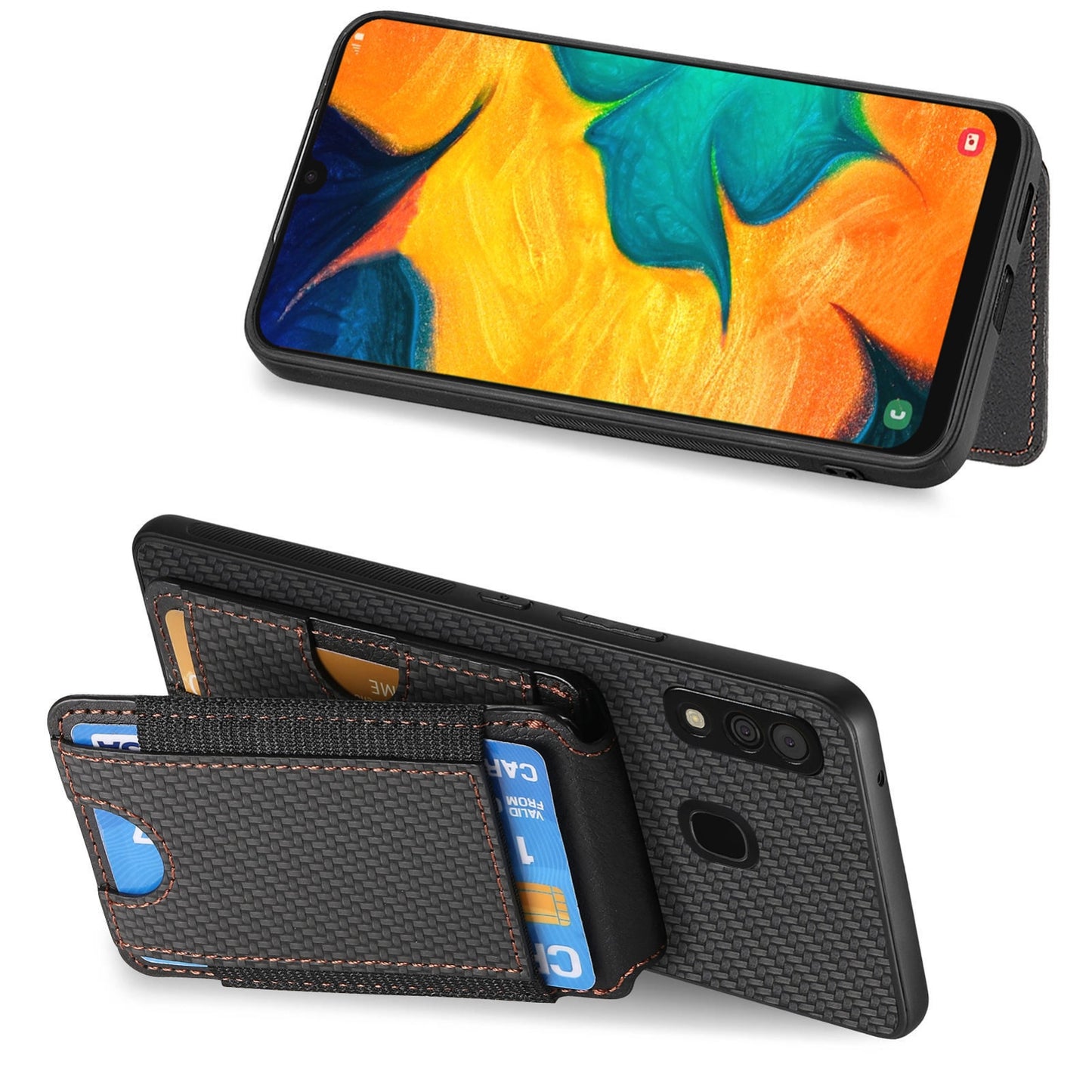 Samsung Galaxy A30 / A20 / M10s Vertical Flip Wallet Stand Phone Case with Carbon Fibre Pattern