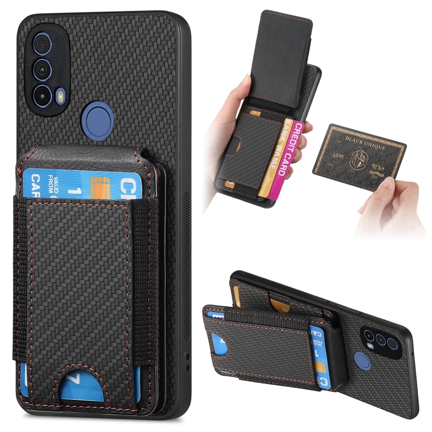 Motorola Moto E40 Vertical Flip Wallet Stand Phone Case with Carbon Fibre Pattern