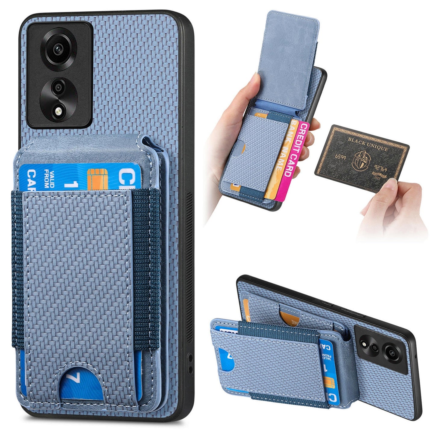 OPPO A17 Vertical Flip Wallet Stand Phone Case with Carbon Fibre Pattern