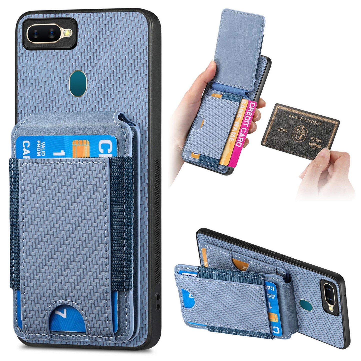 OPPO A7 Vertical Flip Wallet Stand Phone Case with Carbon Fibre Pattern
