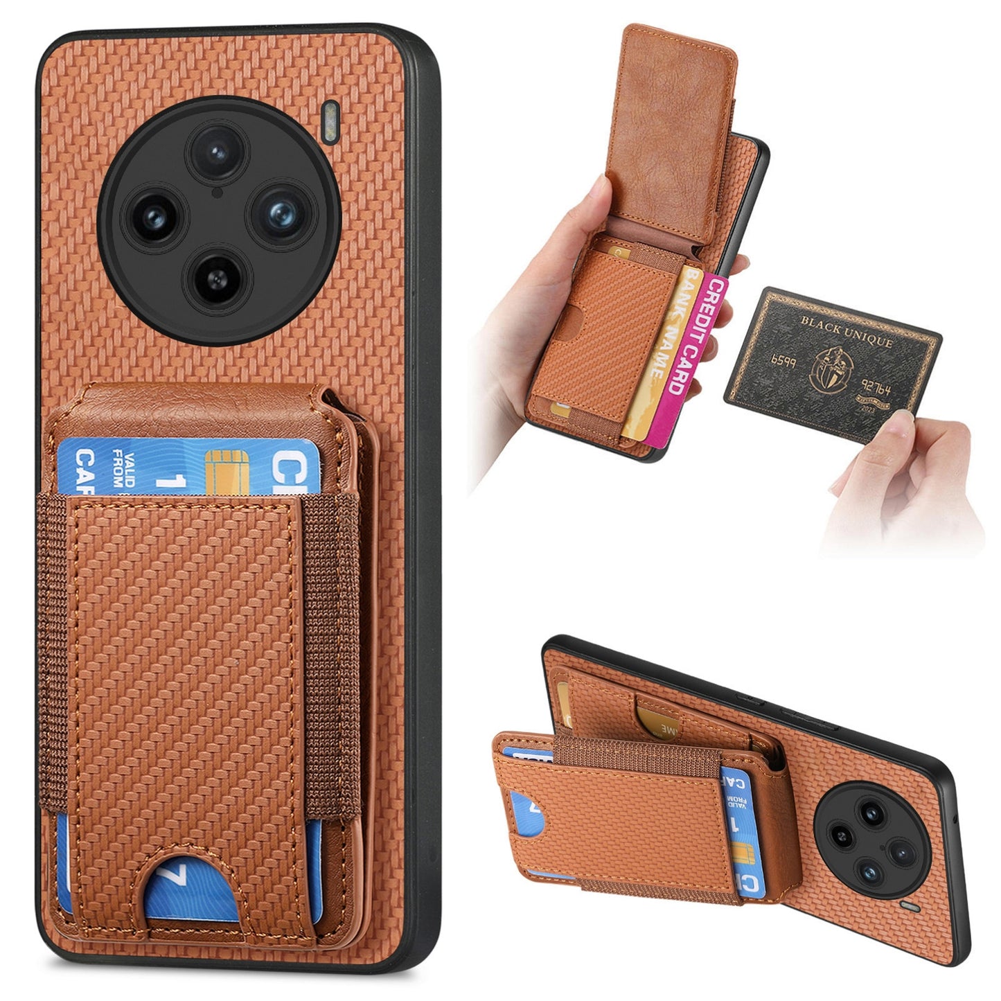 vivo X100 Pro 5G Vertical Flip Wallet Stand Phone Case with Carbon Fibre Pattern