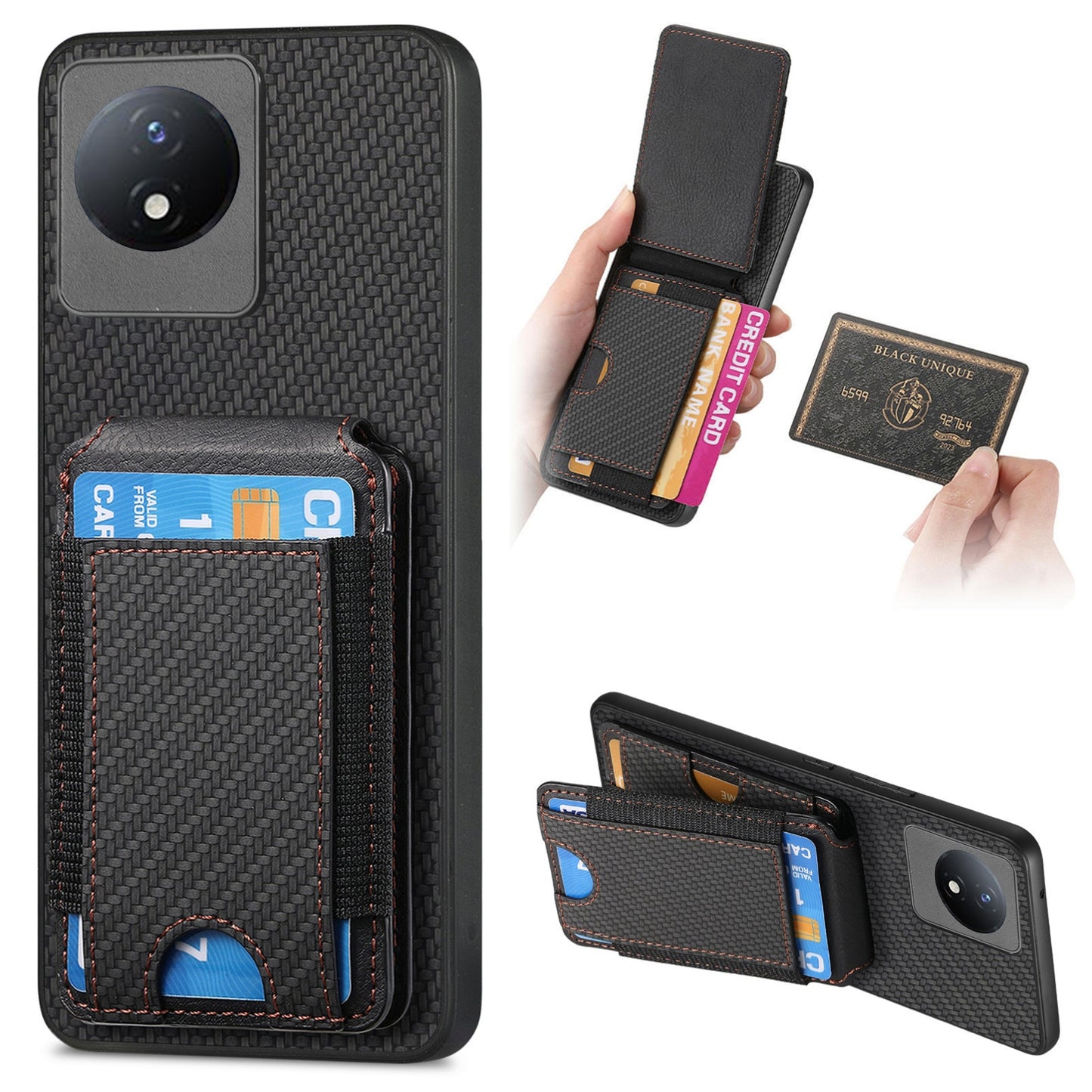vivo Y02 Vertical Flip Wallet Stand Phone Case with Carbon Fibre Pattern
