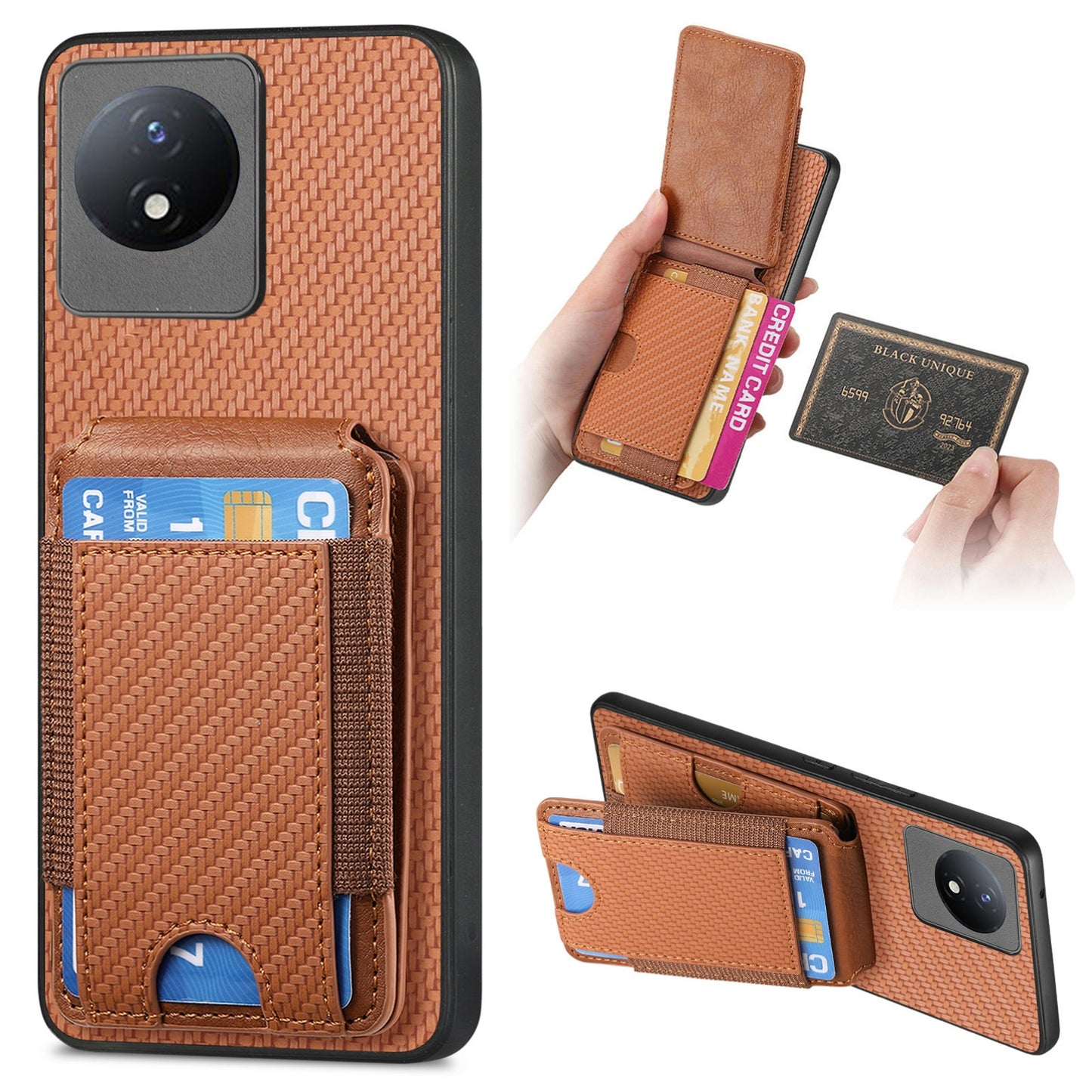 vivo Y02 Vertical Flip Wallet Stand Phone Case with Carbon Fibre Pattern